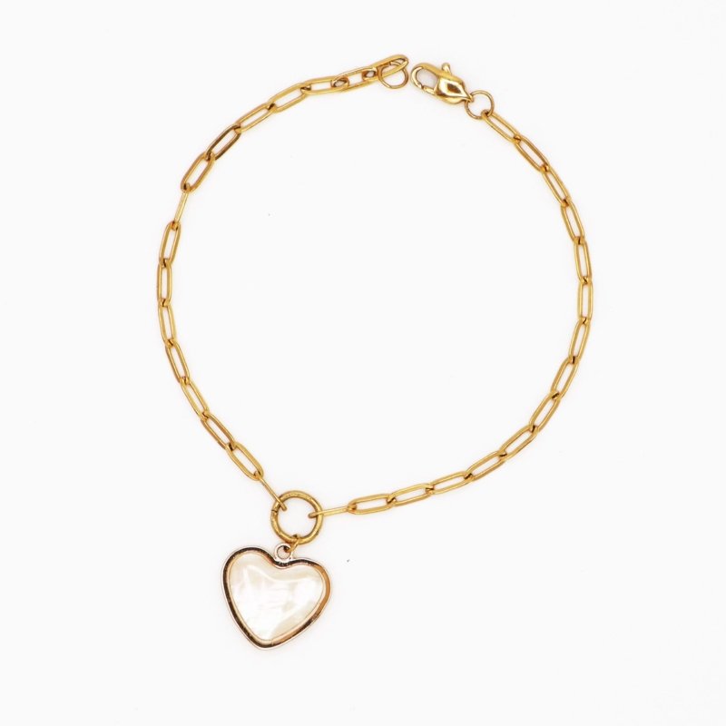 Gold chain bracelet with mother-of-pearl heart charm, everyday romantic piece