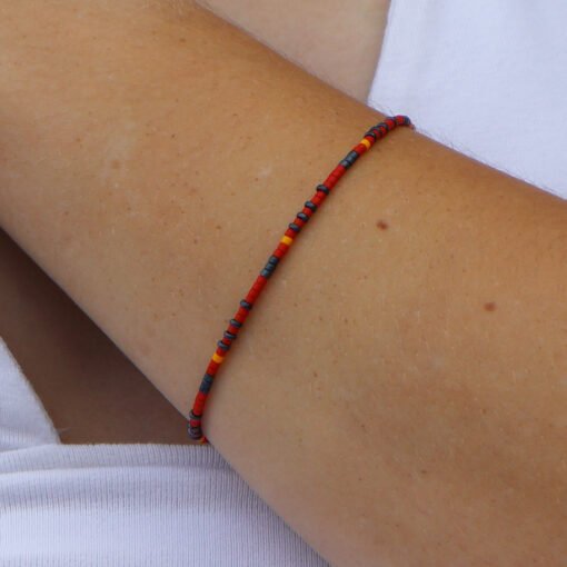 Red, yellow and blue bracelet made with Miyuki glass seed beads.