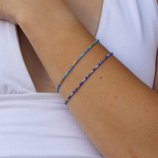 Two blue and aqua bracelets made with Miyuki glass seed beads.